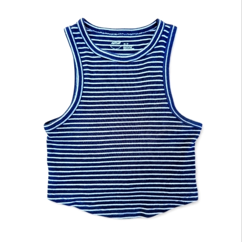 Aerie Y2K Coastal Nautical  Blue and White Striped Cropped Tank Top, Size XS
